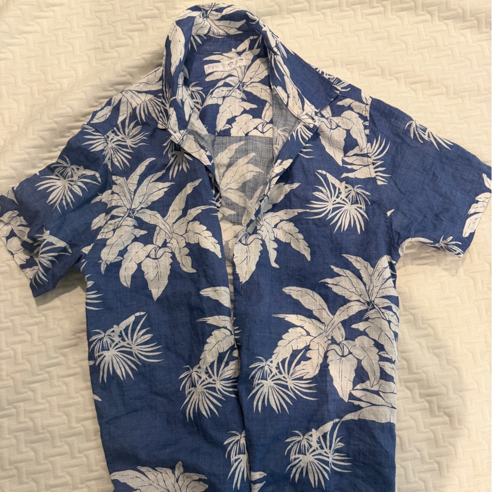 Zara Navy and White Leaf Print Shirt